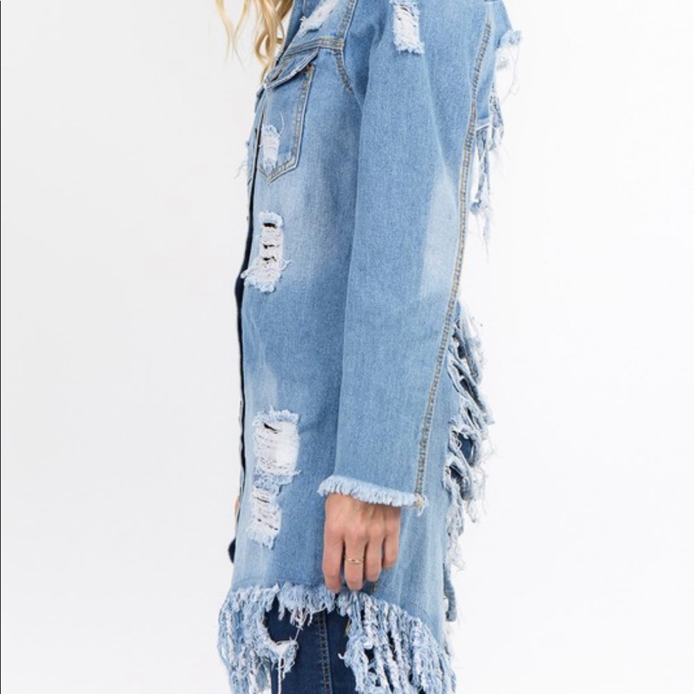 Long Distressed Denim Jacket - Picture 2 of 4